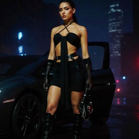 Self‑Tie Crop Cami & Skirt Set by Kiki Riki – Adjustable Belt Black NWT M - Picture 5 of 5